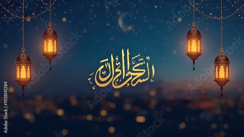 Festive eid al fitr mubarak greeting with illuminated lanterns and sparkling bokeh