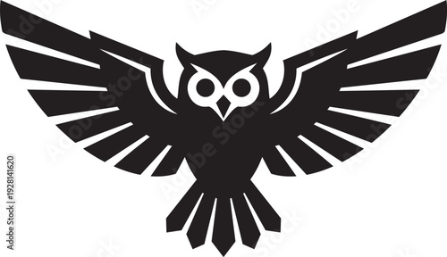 Flying Owl Vector Silhouette, Wisdom Bird Wings Outspread Logo, Nocturnal Predator Icon