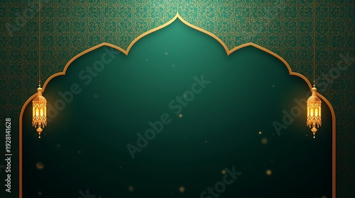 Elegant islamic archway with golden crescent moon and ornate hanging lanterns