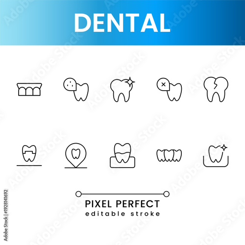 Modern dental icon set vector collection with tooth care, orthodontic and clinic symbols flat design for healthcare and medical use