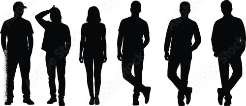Silhouettes of diverse men and women standing in casual poses wearing jeans and t-shirts, representing youth culture, community, and friendship,