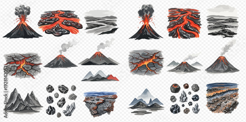 Volcanic Eruption and Geological Formations Watercolor Illustration Set.