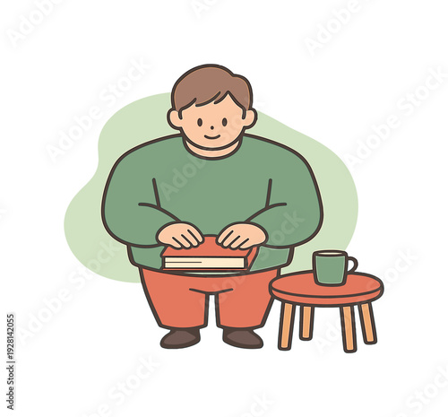 Gentle person closes a book with both hands, aligning edges while standing near a small table. | closing book reading, flat