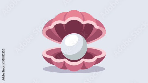 Open pink seashell with a smooth keywords: white pearl inside against a light gray background oyster