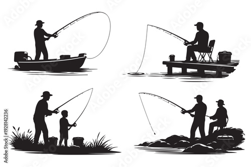 Fishing Activity Silhouette, Vector Illustration, Isolated on White Background