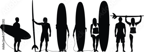 Surfing Silhouette Set Featuring Men and Women with Surfboards, Summer Beach Lifestyle, Extreme Water Sports and Surfer Characters Vector Design.