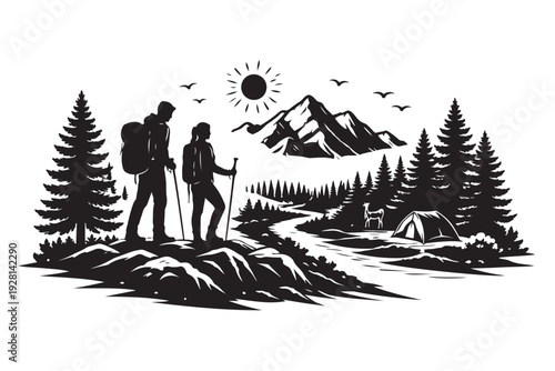 Hiking Landscape Silhouette, Vector Illustration, Isolated on White Background
