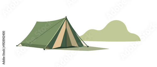 Minimalist green tent set up in a serene landscape with rolling hills