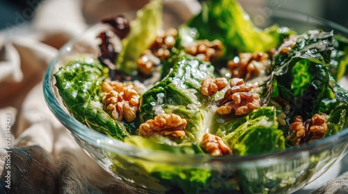 Wallpaper Mural Fresh green lettuce and walnut salad with sea salt crystals in clear glass bowl on soft linen cloth in bright natural kitchen light, healthy clean eating lifestyle concept Torontodigital.ca