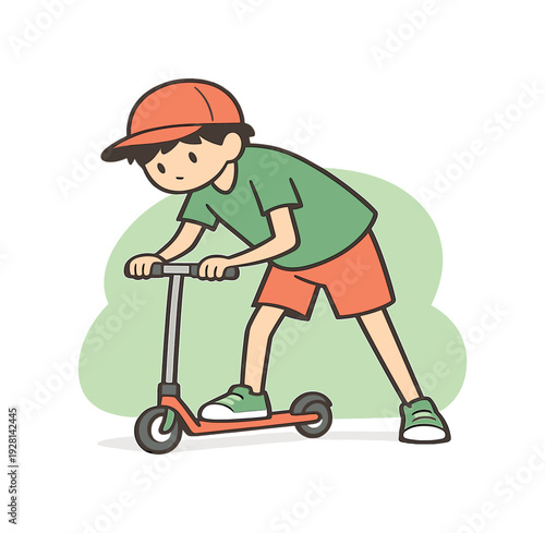 Scooter Balance Practice. Outside child pauses on a scooter, foot planted, shoulders leaning forward, path empty, balance