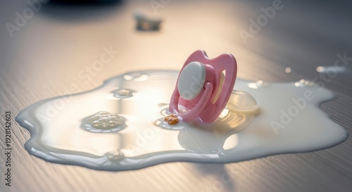 Baby Pacifier in Spilled Milk on Table.