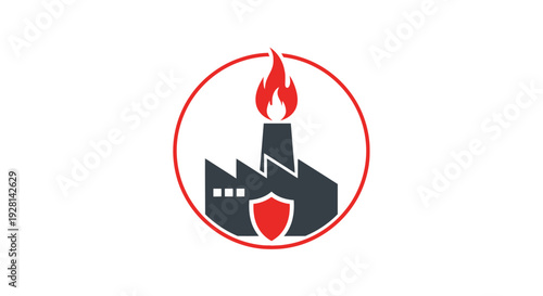 Factory Icon with Flame and Shield.