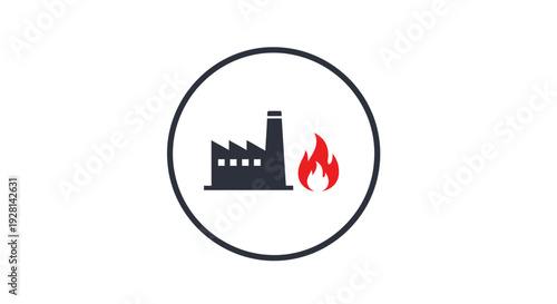 Factory Icon with Flame Symbol Inside Circle.