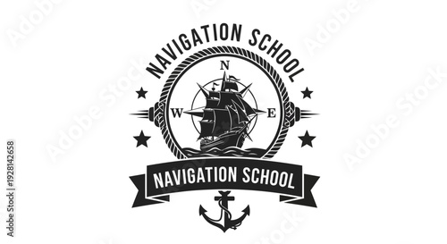Vintage Navigation School Emblem with Sailing Ship and Compass.