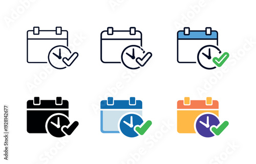 Reservation management icon showing a calendar with clock and checkmark, representing booking system, appointment scheduling, and