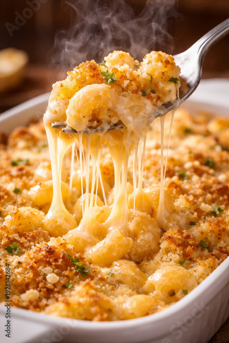 Baked Macaroni and Cheese With Crispy Topping and Melted Cheese Pull