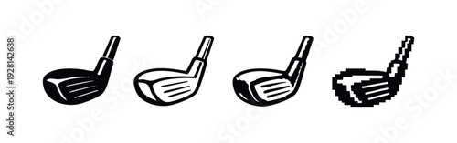 Set of Golf Driver Icons with Subtle Details in Various Styles: Solid, Outline, Sketch, Pixel Art.