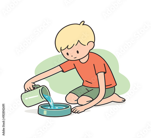 Light child refills a water bowl at floor level, tilting a jug carefully as clear water rises and hands stay steady nearby. |