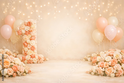 Floral Number One Decoration With Pastel Balloons and Soft Lights Birthday Background