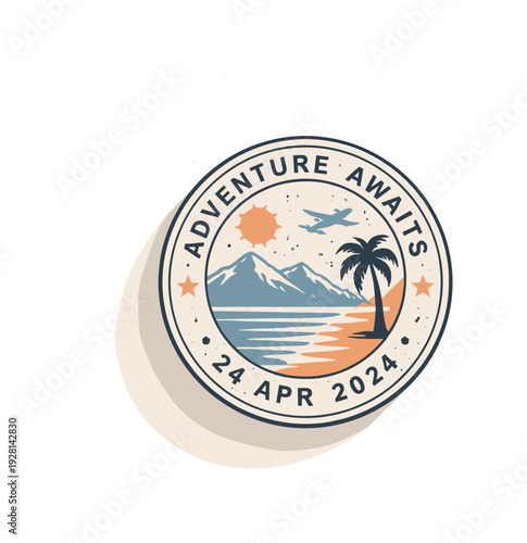 Retro travel badge with mountains, beach, palm tree, airplane and sun