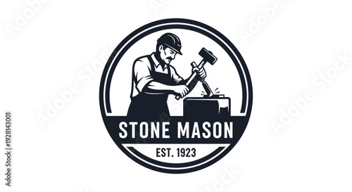 Vintage Stone Mason Crafting Stone with Hammer and Chisel.