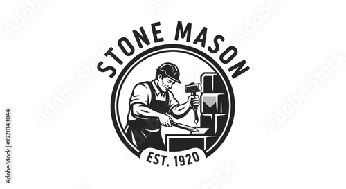 Vintage Stone Mason Crafting Building Blocks with Hammer and Chisel.
