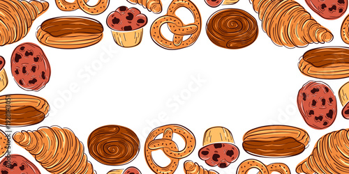 Bakery pastries including croissant, pretzel, cookie and sweet rolls in flat style. Illustration background for menu, gift card and wrapping.
