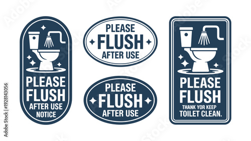 Three dark blue and keywords: white signs depicting toilets and text requesting flushing please after