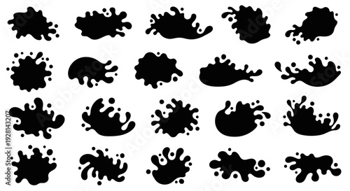 Collection of black ink splatter silhouettes on white background.