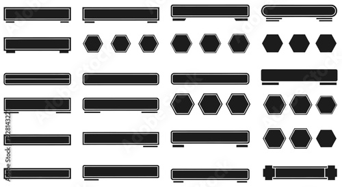 Set of black metal bolts and nuts on a white background.