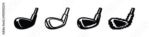 Varied Golf Driver Club Icons: Solid, Outline, Detailed, and Pixelated Designs on White.