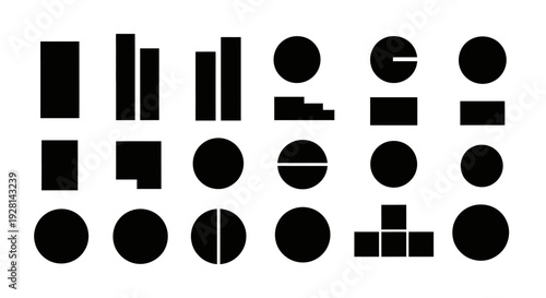 Collection of various black geometric shapes on white background.