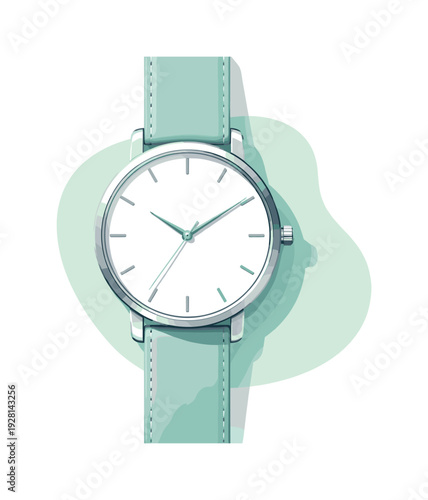 Minimalist wristwatch with a light teal leather strap and a clean white dial