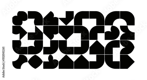 Abstract black and white geometric pattern forming a stylized word or symbol, composed of various angular and curved shapes arranged in a grid.