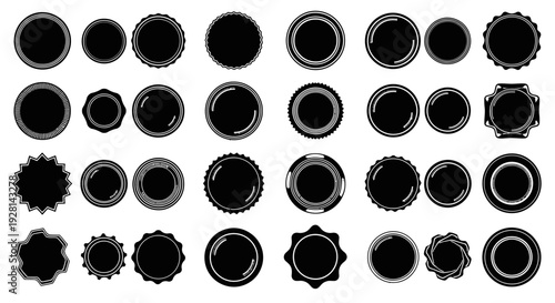 A diverse collection of black circular and decorative graphic elements, including badges, seals, and labels, arranged in a grid pattern.