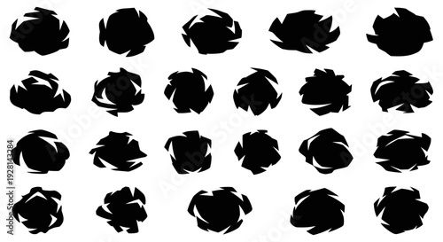 A collection of various black crumpled abstract shapes and blobs, resembling crumpled paper balls or ink splatters, isolated on a white background.