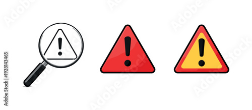 Assessing exposure shown by a magnifying glass focused on a simple warning triangle, same shape displayed side by side at