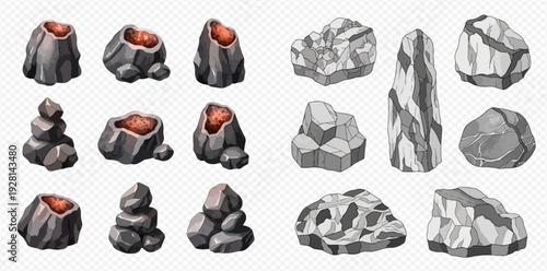 Set of cartoon rocks, stones, and mineral formations, including volcanic and stacked elements, isolated on a transparent background.