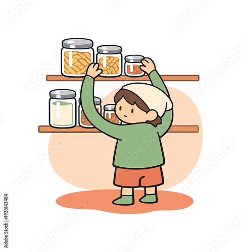 Child reaching for jars on a shelf, cartoon style, representing organization and food storage