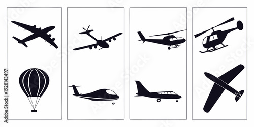 A diverse collection of various types of aircraft and flying machines Vector