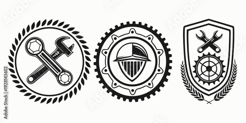 Three distinct badges with unique symbols and intricate designs Vector