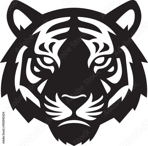 Fierce Tiger Head Vector Illustration, Bengal Tiger Face Silhouette, Wild Cat Predator Logo