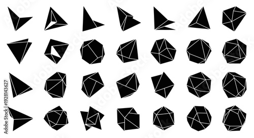 A grid of abstract black geometric 3D shapes with white outlines, showcasing a progression from simple triangles to complex polyhedra.