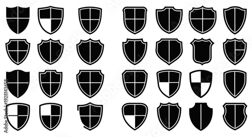 A comprehensive collection of black and white shield icons with diverse shapes and internal designs, representing protection, security, and heraldry.