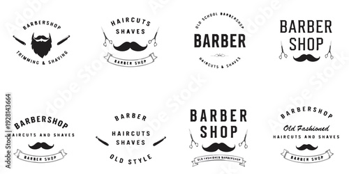 Collection of various barber shop logos featuring mustaches and scissors Vector