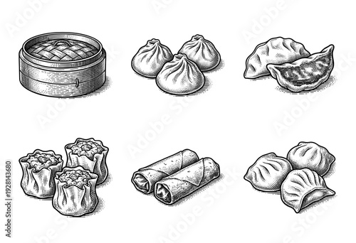 Vintage engraving style collection of traditional dim sum and chinese dumplings including gyoza spring rolls and bamboo steamer
