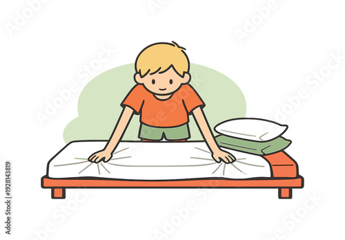 Sunny child smooths bed sheets with both hands, tugging corners flat as pillows wait nearby on a simple bed frame quietly now yep