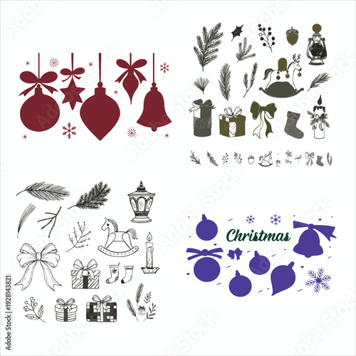 Festive Christmas Vector Icon Collection: Set of Ornaments, Gift Boxes, Candles, and Winter Holiday Decorations in Outline and Silhouette Styles