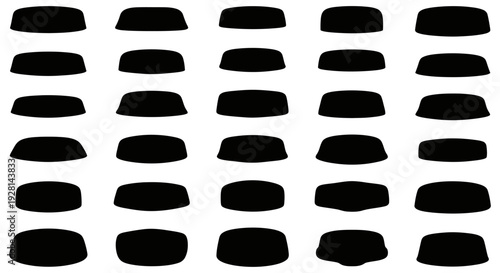 A grid of 25 abstract black horizontal shapes with varying curvatures and profiles on a white background, showcasing diverse forms.