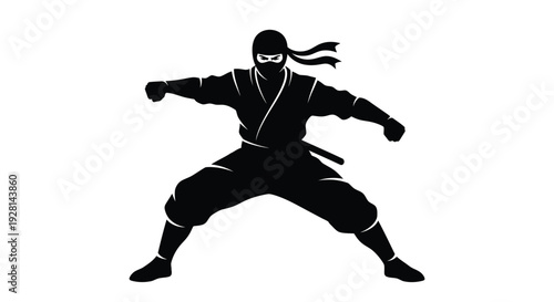 A dynamic black silhouette of a ninja in a fighting stance showcasing traditional attire and agility silhouette high quality professional detailed